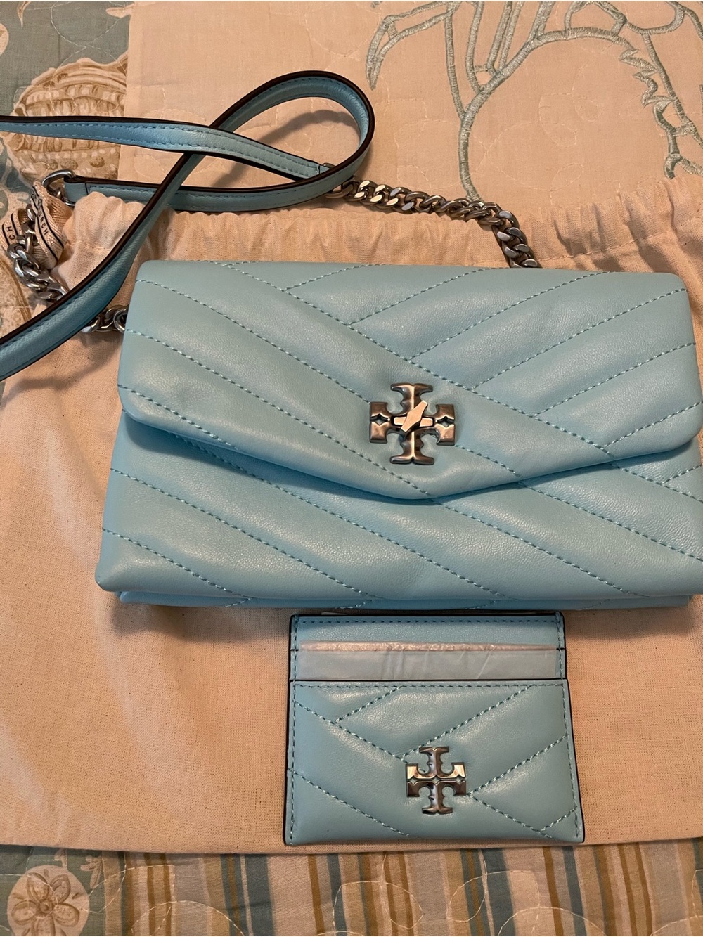 Tory Burch Sky Blue Quilted Leather Crossbody with Matching Card Holder
